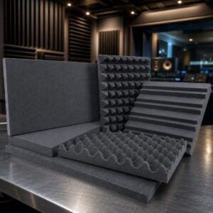Láminas de espuma acústica de poliuretano para absorción sonora y acondicionamiento acústico en estudios, oficinas, auditorios e instalaciones industriales.